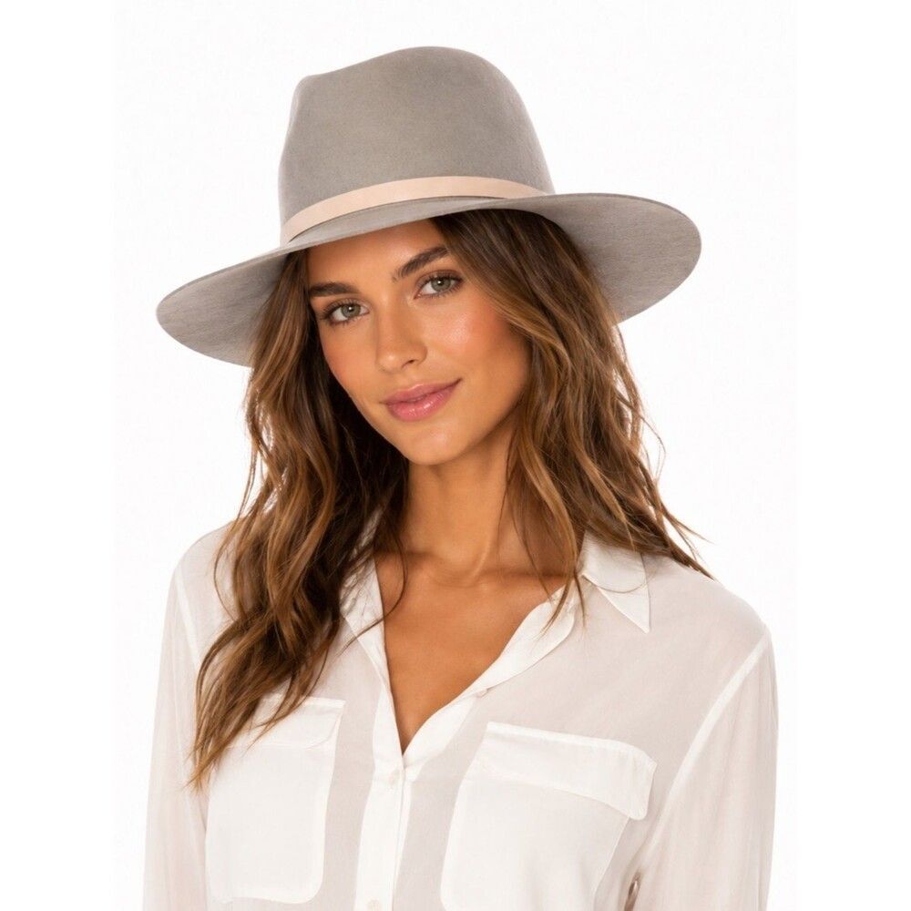 Janessa Leone Drew Wool Fedora Hat Gray Small Wide Brim 3.5” Minimalist Rancher